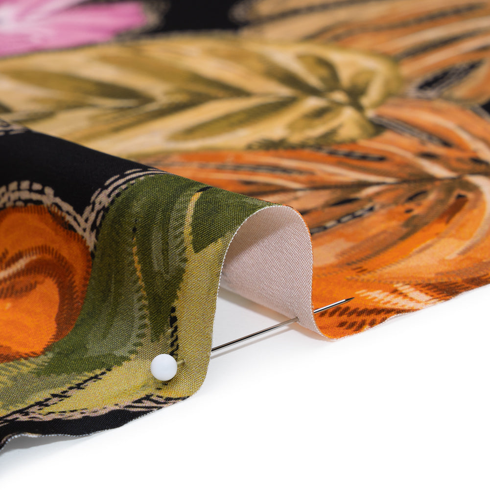 Polyester Satin - Beige, Green and Orange Tropical Leaves and Flowers with Stitching - Mood Exclusive Sunstitched Canopy Print - Detail Polyester Satin - Beige, Green and Orange Tropical Leaves and Flowers with Stitching - Mood Exclusive Sunstitched Canopy Print - Detail