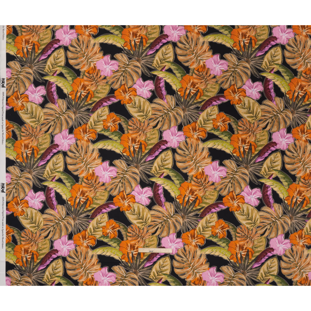 Polyester Satin - Beige, Green and Orange Tropical Leaves and Flowers with Stitching - Mood Exclusive Sunstitched Canopy Print - Full Polyester Satin - Beige, Green and Orange Tropical Leaves and Flowers with Stitching - Mood Exclusive Sunstitched Canopy Print - Full