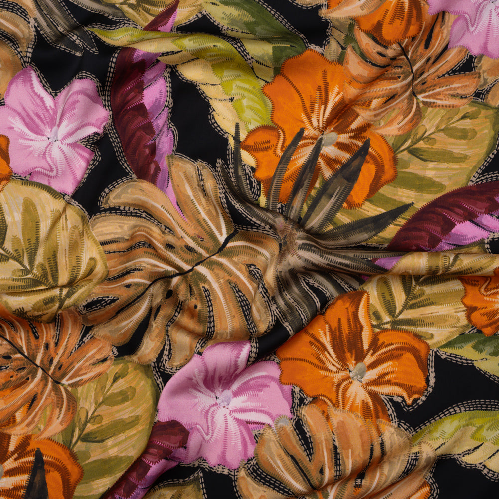 Polyester Satin - Beige, Green and Orange Tropical Leaves and Flowers with Stitching - Mood Exclusive Sunstitched Canopy Print Polyester Satin - Beige, Green and Orange Tropical Leaves and Flowers with Stitching - Mood Exclusive Sunstitched Canopy Print