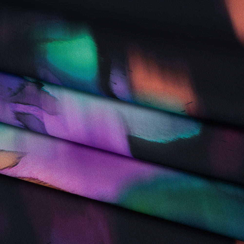 Polyester Satin - Black, Purple and Green Painterly Blurred Florals - Mood Exclusive Blazing Blur Print Polyester Satin - Black, Purple and Green Painterly Blurred Florals - Mood Exclusive Blazing Blur Print