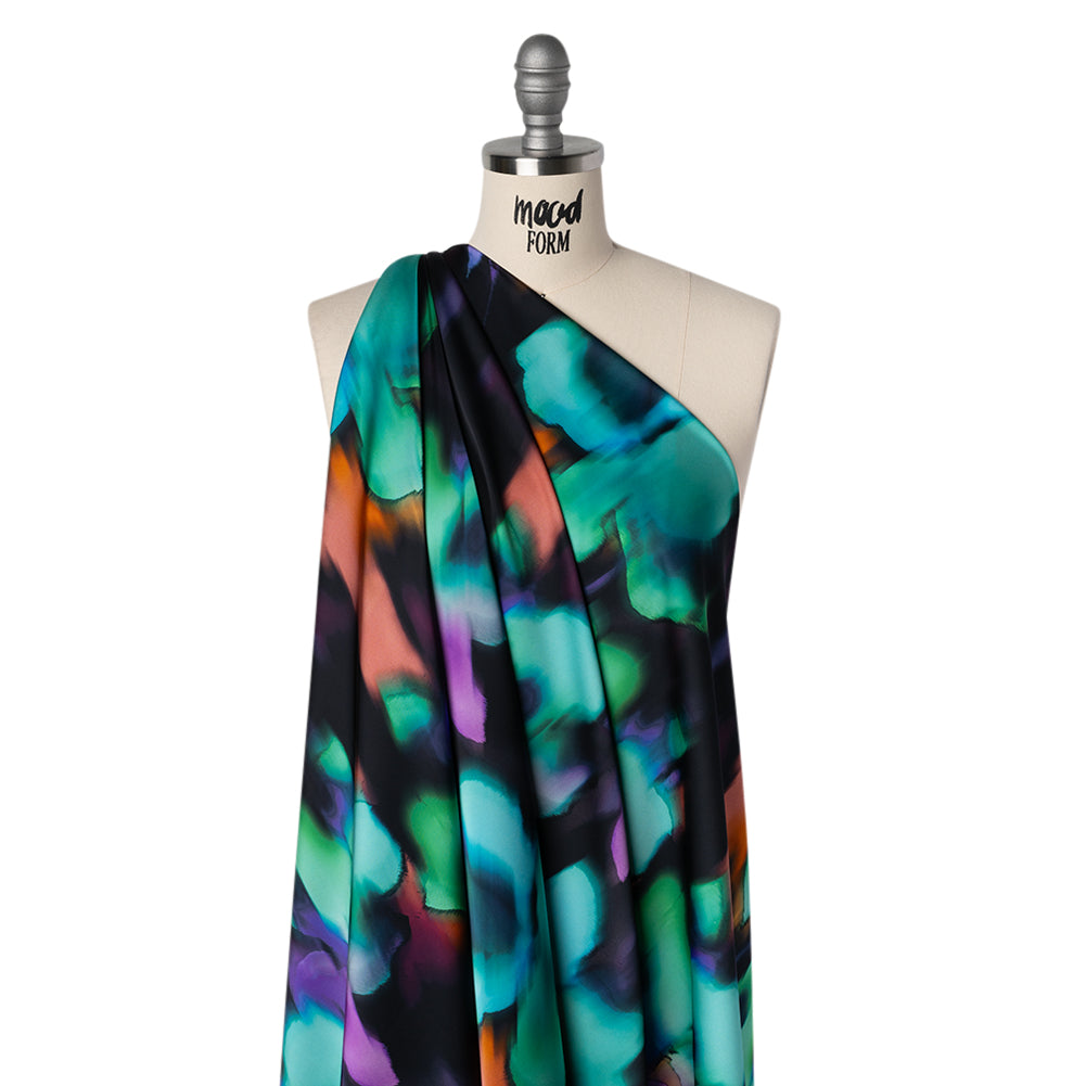 Polyester Satin - Black, Purple and Green Painterly Blurred Florals - Mood Exclusive Blazing Blur Print Polyester Satin - Black, Purple and Green Painterly Blurred Florals - Mood Exclusive Blazing Blur Print