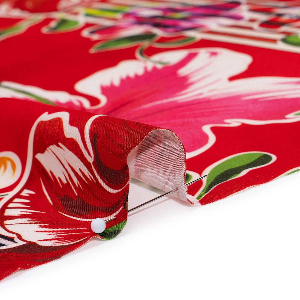 Polyester Satin - Red, Yellow and Blue Flowers and Striped Blocks - Mood Exclusive Linear Bloom Print Detail Polyester Satin - Red, Yellow and Blue Flowers and Striped Blocks - Mood Exclusive Linear Bloom Print Detail