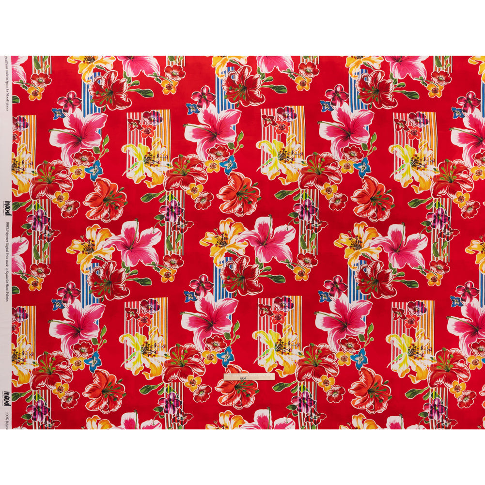Polyester Satin - Red, Yellow and Blue Flowers and Striped Blocks - Mood Exclusive Linear Bloom Print Full Polyester Satin - Red, Yellow and Blue Flowers and Striped Blocks - Mood Exclusive Linear Bloom Print Full
