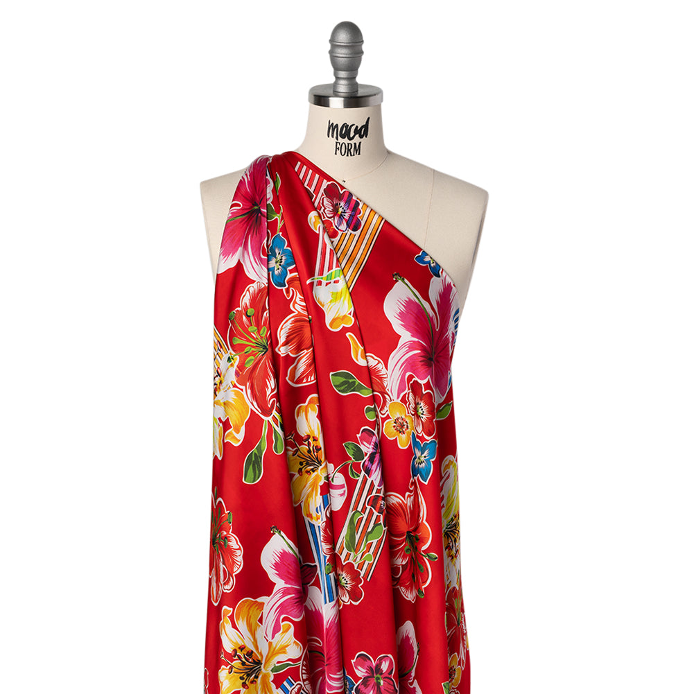 Polyester Satin - Red, Yellow and Blue Flowers and Striped Blocks - Mood Exclusive Linear Bloom Print Drape Polyester Satin - Red, Yellow and Blue Flowers and Striped Blocks - Mood Exclusive Linear Bloom Print Drape