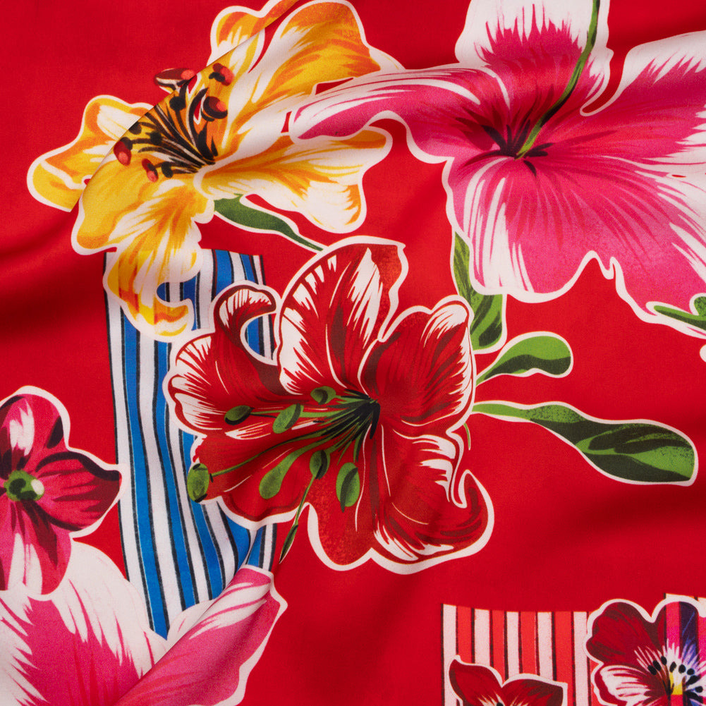 Polyester Satin - Red, Yellow and Blue Flowers and Striped Blocks - Mood Exclusive Linear Bloom Print Polyester Satin - Red, Yellow and Blue Flowers and Striped Blocks - Mood Exclusive Linear Bloom Print