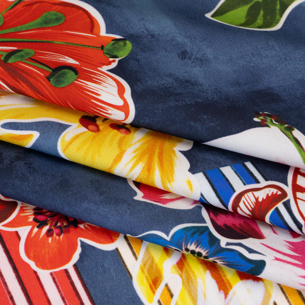 Polyester Satin - Navy Blue, Red and Pink Flowers and Striped Blocks - Mood Exclusive Linear Bloom Print Folded Polyester Satin - Navy Blue, Red and Pink Flowers and Striped Blocks - Mood Exclusive Linear Bloom Print Folded