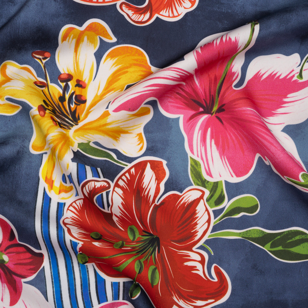 Polyester Satin - Navy Blue, Red and Pink Flowers and Striped Blocks - Mood Exclusive Linear Bloom Print Polyester Satin - Navy Blue, Red and Pink Flowers and Striped Blocks - Mood Exclusive Linear Bloom Print