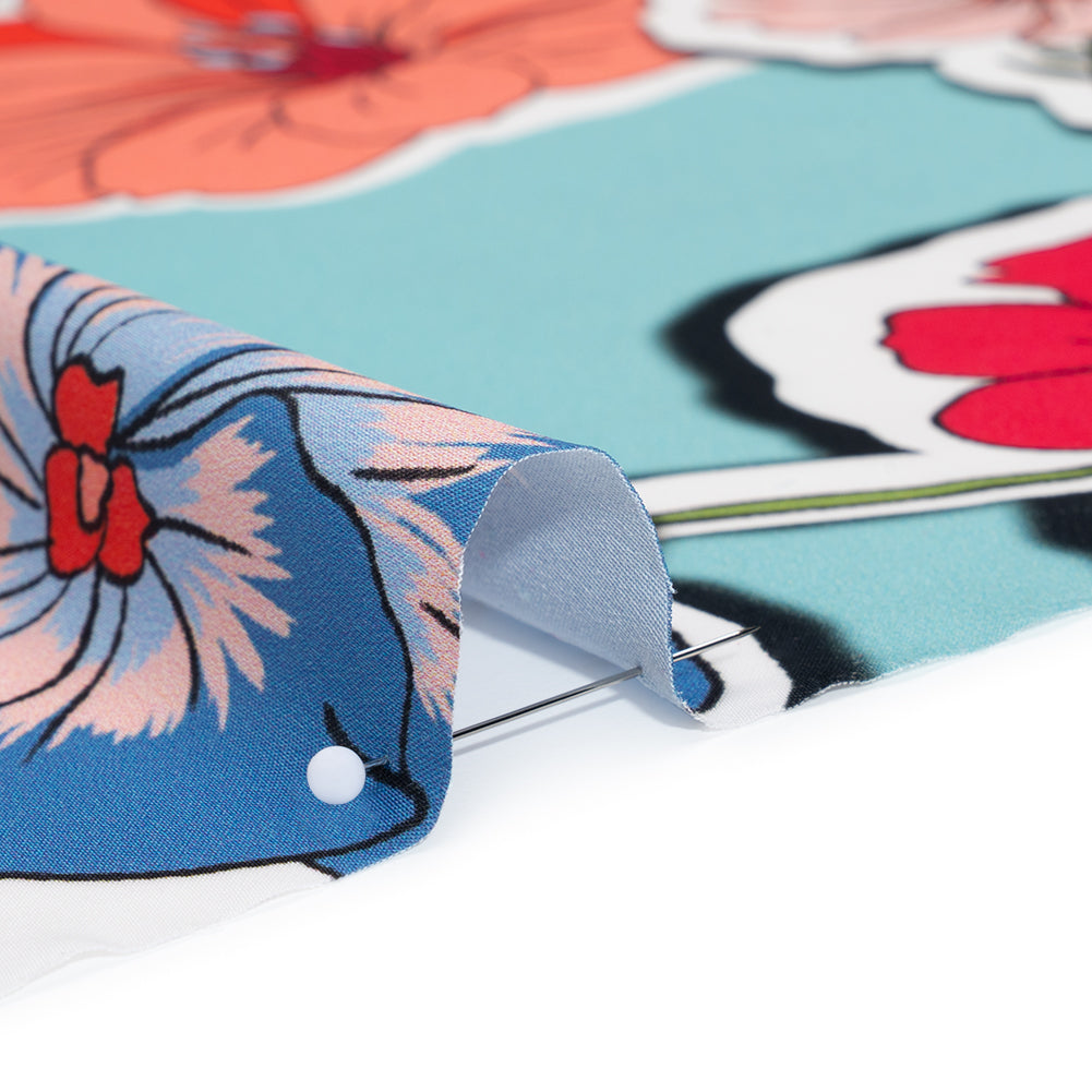Polyester Satin - Sky Blue, Red and Pink Big Floral Stickers - Mood Exclusive Sticker Garden Print - Detail Polyester Satin - Sky Blue, Red and Pink Big Floral Stickers - Mood Exclusive Sticker Garden Print - Detail