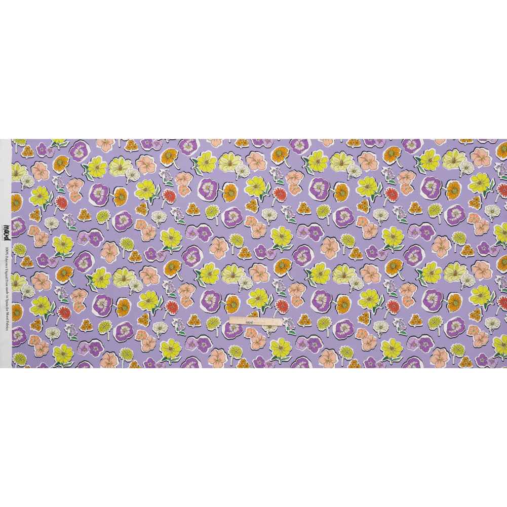 Polyester Satin - Lavender, Lime Green and Orange Little Floral Stickers - Mood Exclusive Sticker Garden Print - Full Polyester Satin - Lavender, Lime Green and Orange Little Floral Stickers - Mood Exclusive Sticker Garden Print - Full