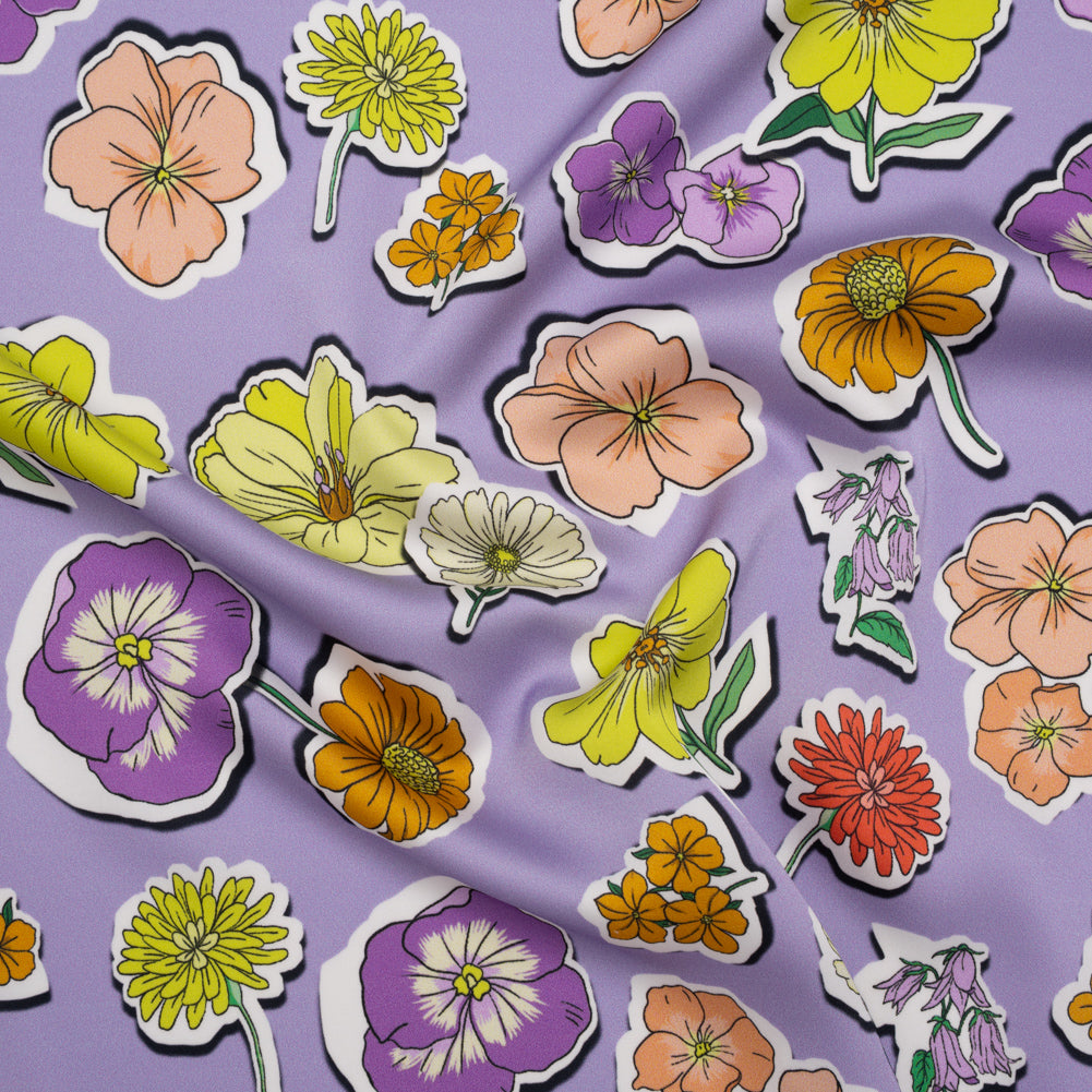 Polyester Satin - Lavender, Lime Green and Orange Little Floral Stickers - Mood Exclusive Sticker Garden Print Polyester Satin - Lavender, Lime Green and Orange Little Floral Stickers - Mood Exclusive Sticker Garden Print