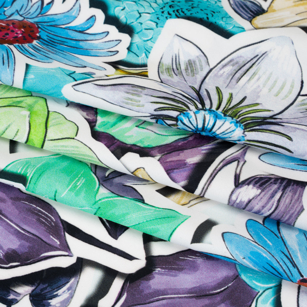 Polyester Satin - Green, Blue and Purple Overlapping Flower Cutouts - Mood Exclusive Layered Whimsy Print Folded Polyester Satin - Green, Blue and Purple Overlapping Flower Cutouts - Mood Exclusive Layered Whimsy Print Folded