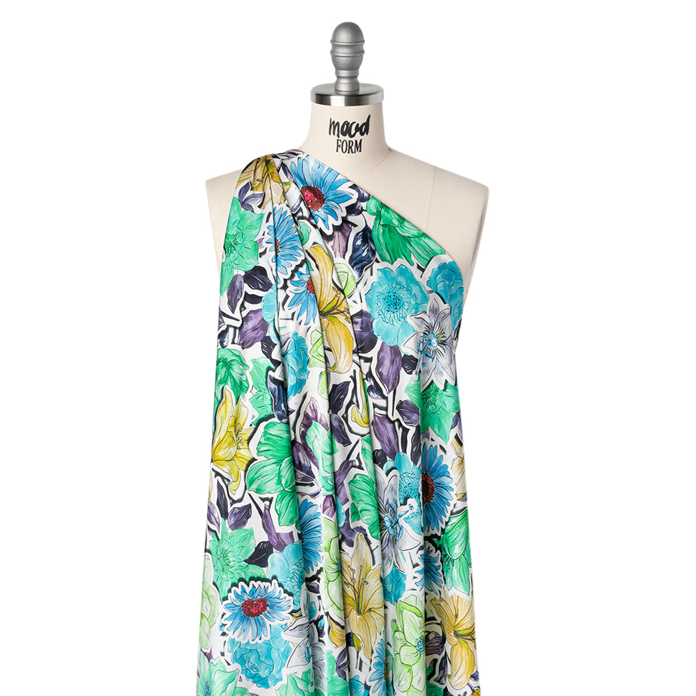Polyester Satin - Green, Blue and Purple Overlapping Flower Cutouts - Mood Exclusive Layered Whimsy Print Drape Polyester Satin - Green, Blue and Purple Overlapping Flower Cutouts - Mood Exclusive Layered Whimsy Print Drape