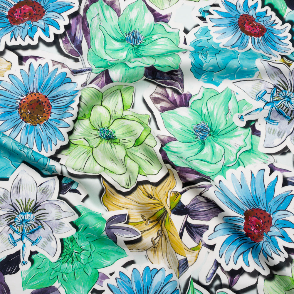 Polyester Satin - Green, Blue and Purple Overlapping Flower Cutouts - Mood Exclusive Layered Whimsy Print Polyester Satin - Green, Blue and Purple Overlapping Flower Cutouts - Mood Exclusive Layered Whimsy Print