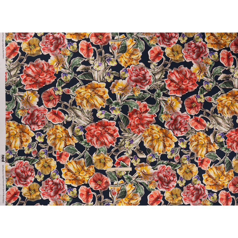Polyester Satin - Golden Orange, Red and Green Illustrated Flower Collage - Mood Exclusive Floral Montage Print - Full Polyester Satin - Golden Orange, Red and Green Illustrated Flower Collage - Mood Exclusive Floral Montage Print - Full