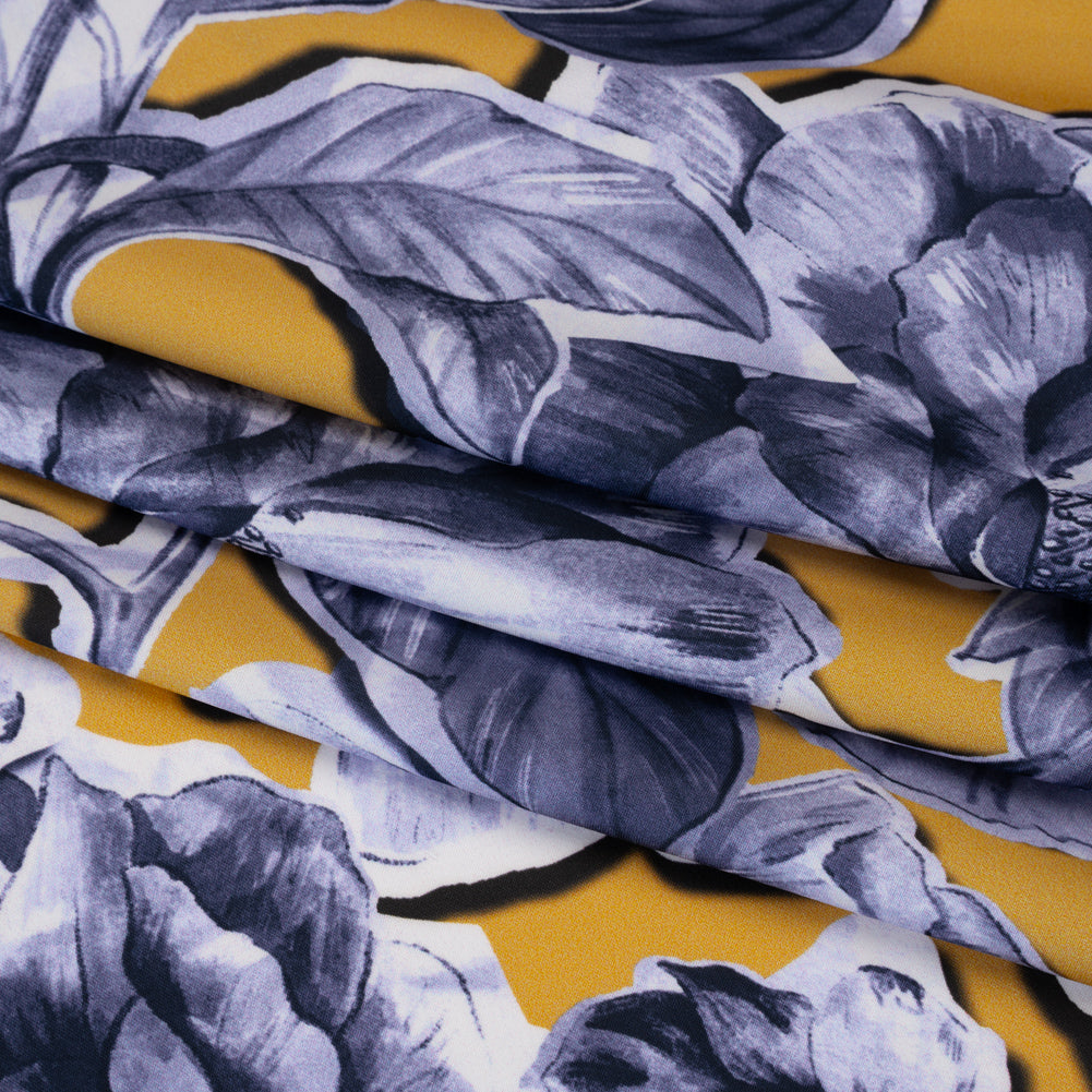 Polyester Satin - Gold and Steel Blue Illustrated Flower Collage - Mood Exclusive Floral Montage Print Polyester Satin - Gold and Steel Blue Illustrated Flower Collage - Mood Exclusive Floral Montage Print