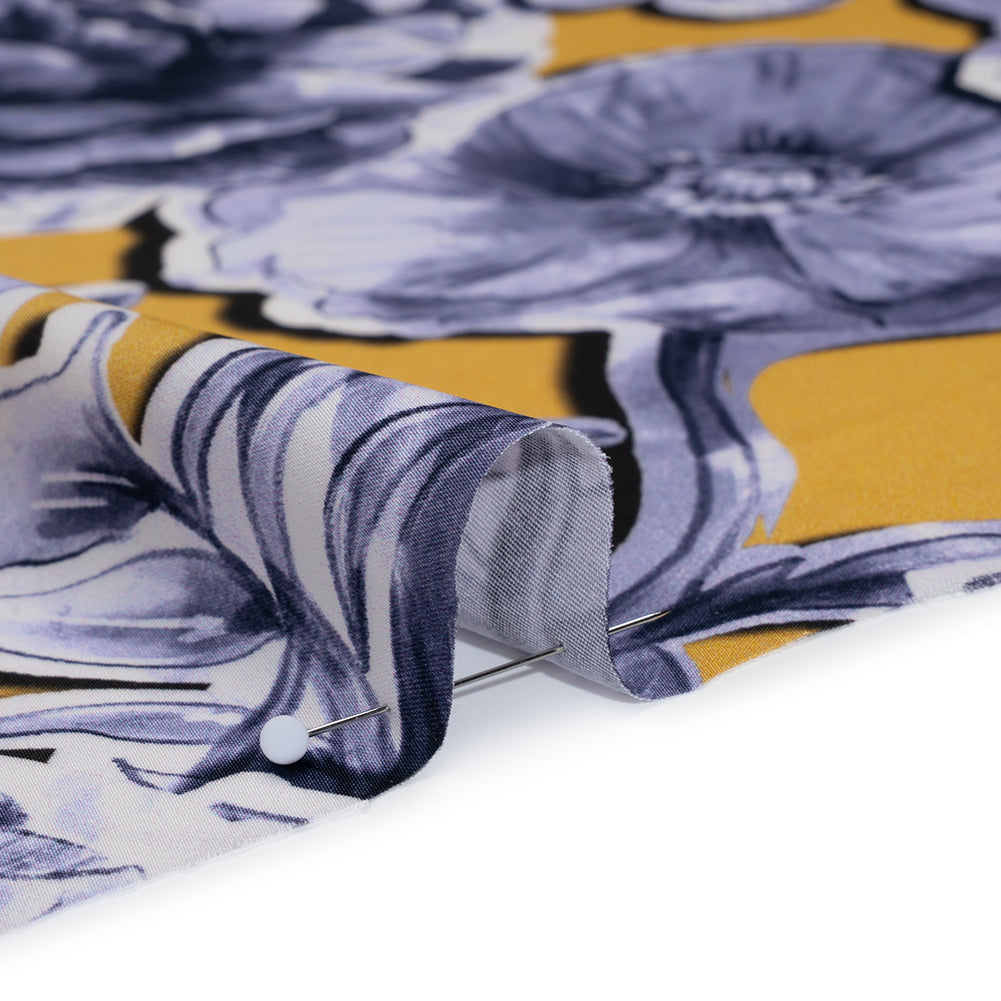 Polyester Satin - Gold and Steel Blue Illustrated Flower Collage - Mood Exclusive Floral Montage Print Polyester Satin - Gold and Steel Blue Illustrated Flower Collage - Mood Exclusive Floral Montage Print