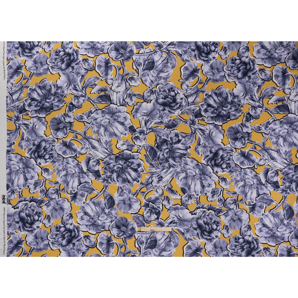 Polyester Satin - Gold and Steel Blue Illustrated Flower Collage - Mood Exclusive Floral Montage Print Polyester Satin - Gold and Steel Blue Illustrated Flower Collage - Mood Exclusive Floral Montage Print