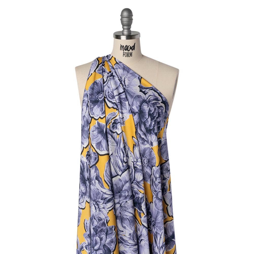 Polyester Satin - Gold and Steel Blue Illustrated Flower Collage - Mood Exclusive Floral Montage Print Polyester Satin - Gold and Steel Blue Illustrated Flower Collage - Mood Exclusive Floral Montage Print