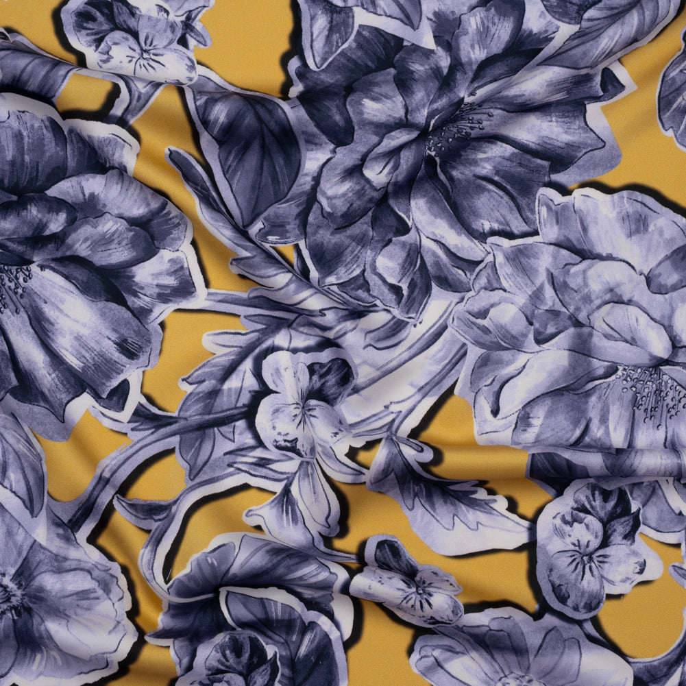 Polyester Satin - Gold and Steel Blue Illustrated Flower Collage - Mood Exclusive Floral Montage Print Polyester Satin - Gold and Steel Blue Illustrated Flower Collage - Mood Exclusive Floral Montage Print