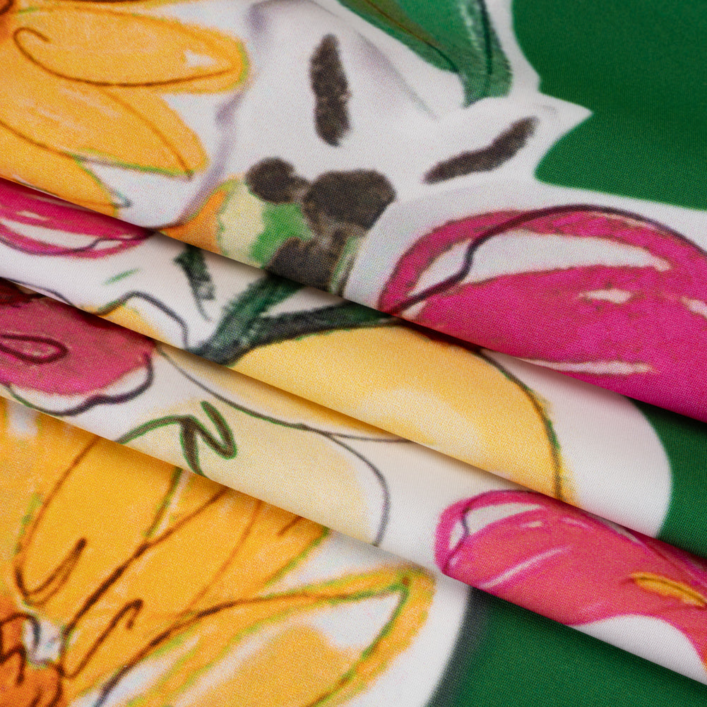 Polyester Satin - Green, Pink and Yellow Flower Sketches - Mood Exclusive Brushlight Blossoms Print Folded Polyester Satin - Green, Pink and Yellow Flower Sketches - Mood Exclusive Brushlight Blossoms Print Folded