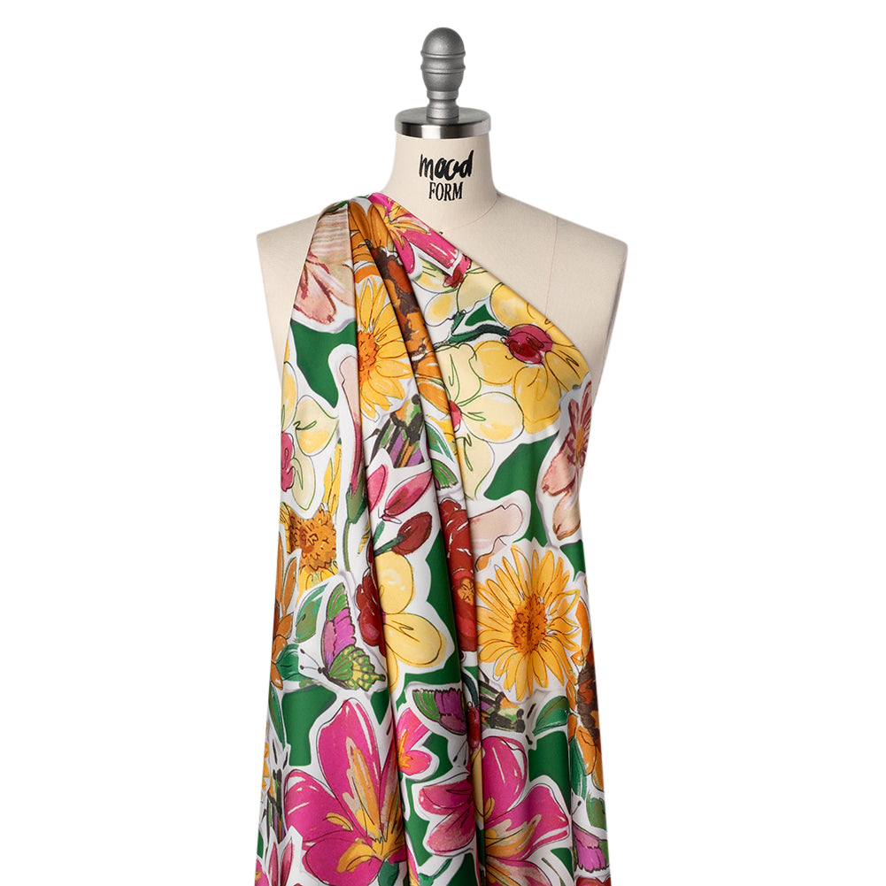 Polyester Satin - Green, Pink and Yellow Flower Sketches - Mood Exclusive Brushlight Blossoms Print Drape Polyester Satin - Green, Pink and Yellow Flower Sketches - Mood Exclusive Brushlight Blossoms Print Drape