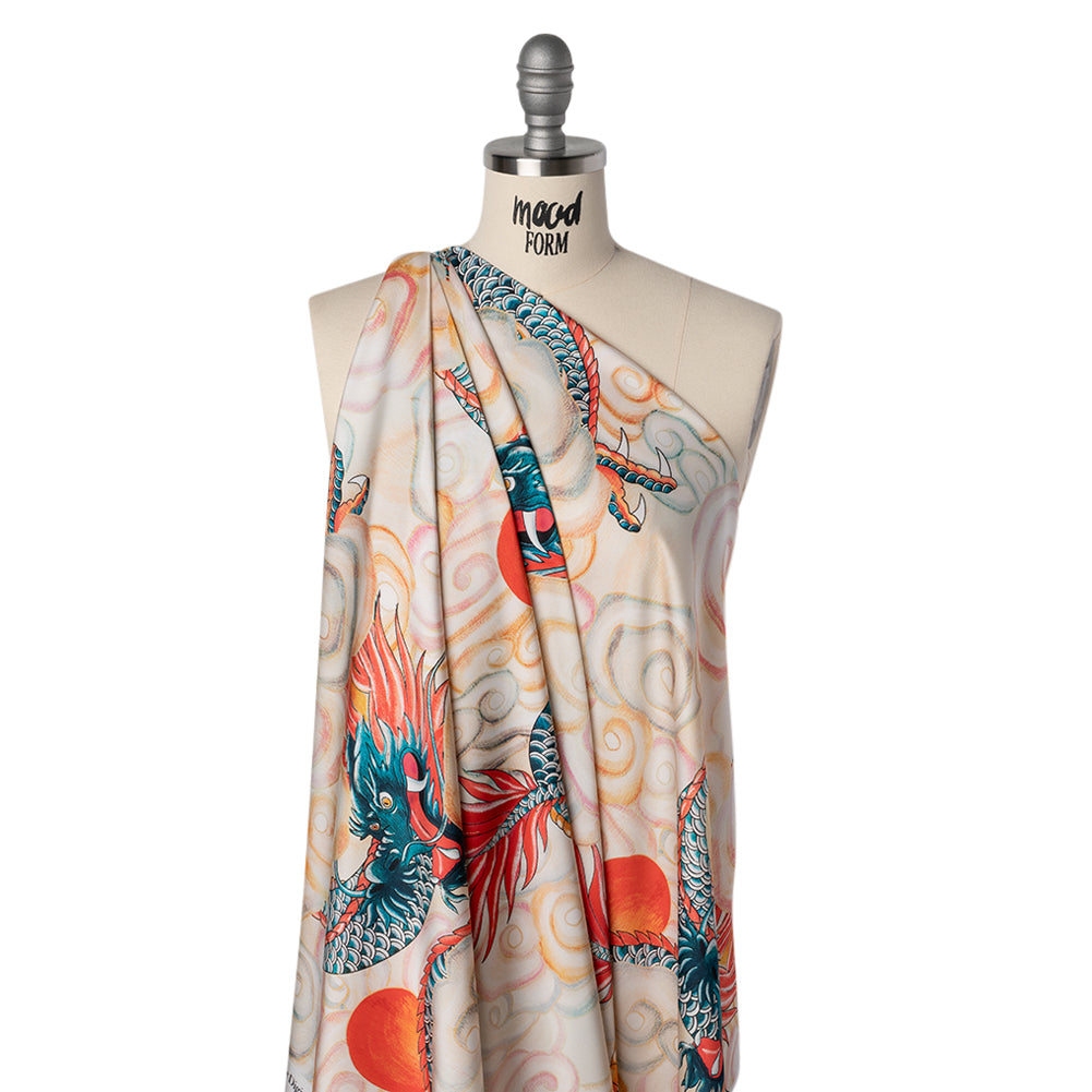 Polyester Satin - Red, Blue Green and Orange Eastern Dragon in Clouds - Mood Exclusive Skybound Scales Print - Drape Polyester Satin - Red, Blue Green and Orange Eastern Dragon in Clouds - Mood Exclusive Skybound Scales Print - Drape