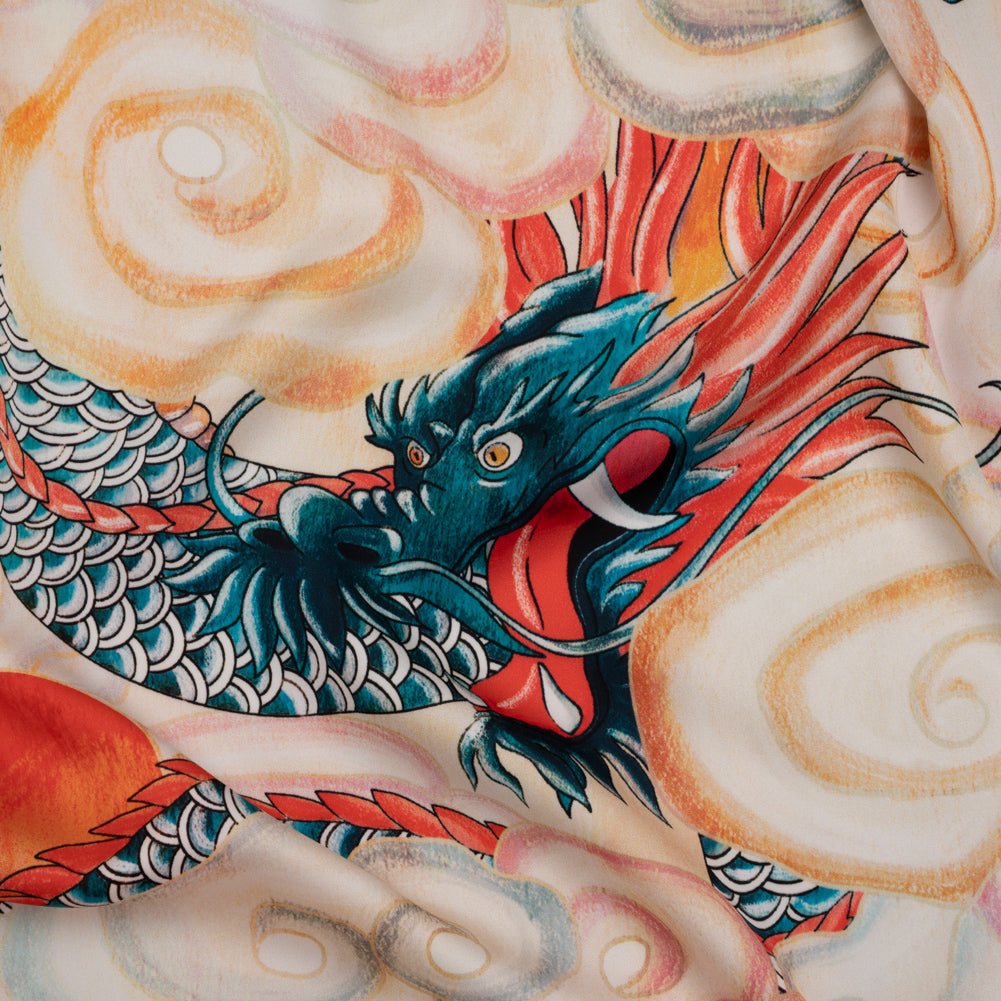 Polyester Satin - Red, Blue Green and Orange Eastern Dragon in Clouds - Mood Exclusive Skybound Scales Print Polyester Satin - Red, Blue Green and Orange Eastern Dragon in Clouds - Mood Exclusive Skybound Scales Print
