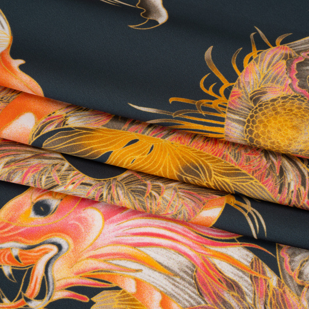 Polyester Satin - Charcoal, Orange and Olive Eastern Dragons - Mood Exclusive Dragon Dance Print Polyester Satin - Charcoal, Orange and Olive Eastern Dragons - Mood Exclusive Dragon Dance Print