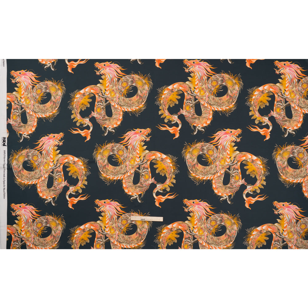 Polyester Satin - Charcoal, Orange and Olive Eastern Dragons - Mood Exclusive Dragon Dance Print Polyester Satin - Charcoal, Orange and Olive Eastern Dragons - Mood Exclusive Dragon Dance Print