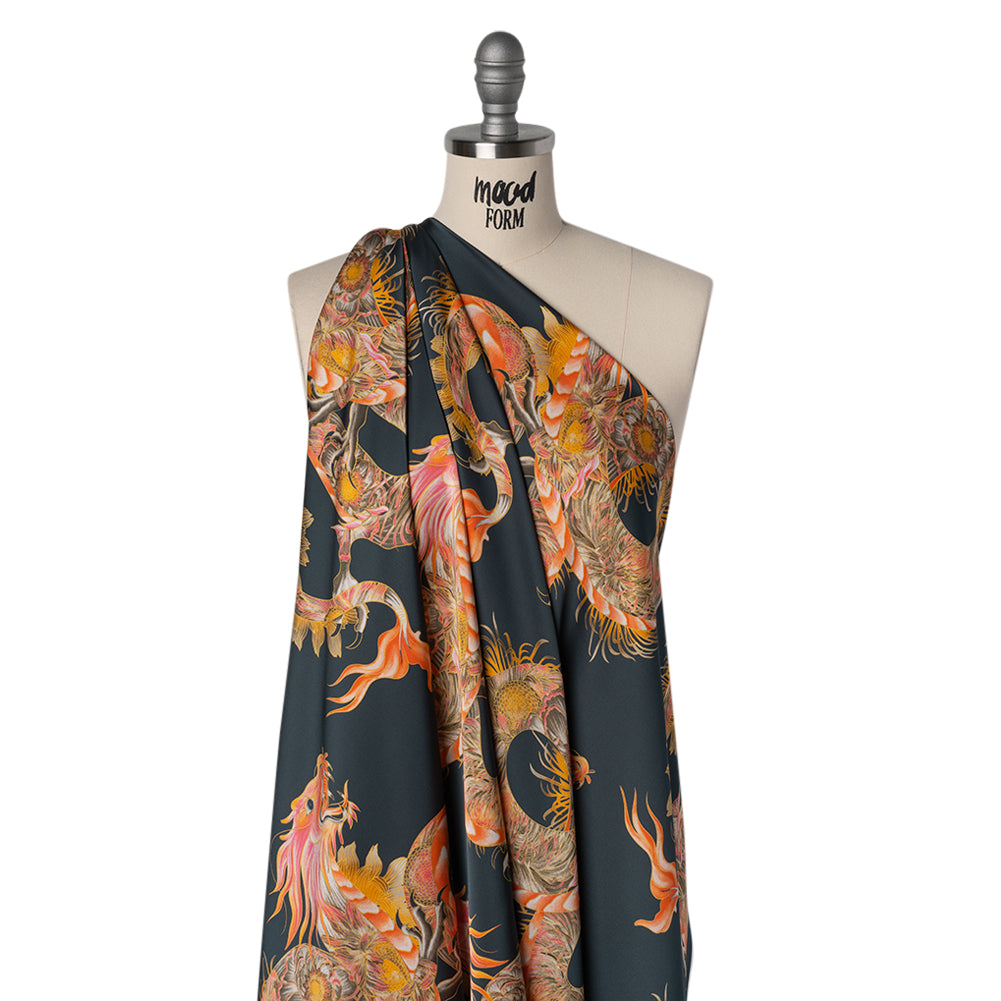 Polyester Satin - Charcoal, Orange and Olive Eastern Dragons - Mood Exclusive Dragon Dance Print Polyester Satin - Charcoal, Orange and Olive Eastern Dragons - Mood Exclusive Dragon Dance Print