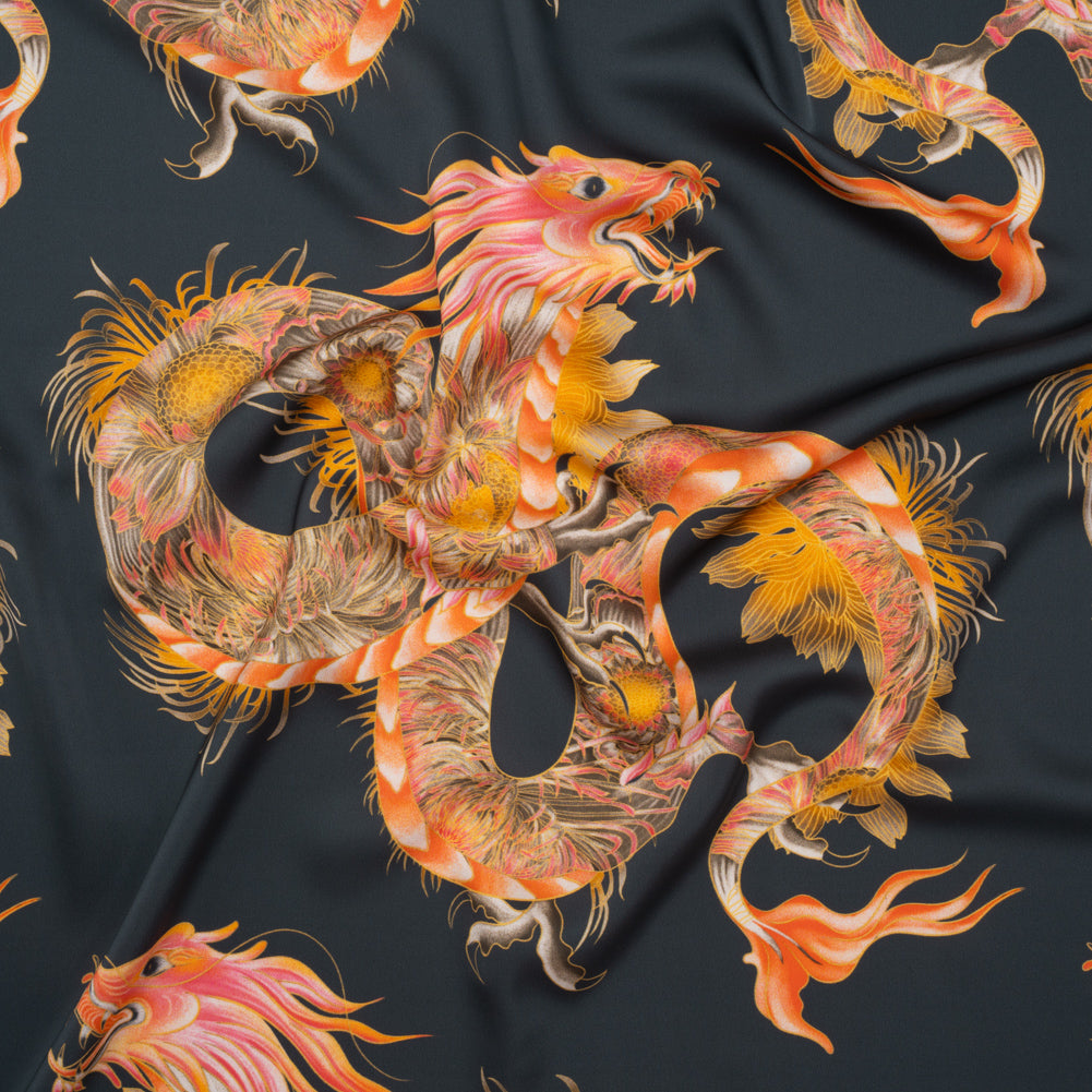 Polyester Satin - Charcoal, Orange and Olive Eastern Dragons - Mood Exclusive Dragon Dance Print Polyester Satin - Charcoal, Orange and Olive Eastern Dragons - Mood Exclusive Dragon Dance Print