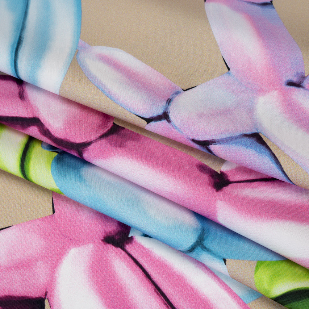 Polyester Satin - Pink, Blue and Beige Large Balloon Dogs - Mood Exclusive Puff Pups Print Polyester Satin - Pink, Blue and Beige Large Balloon Dogs - Mood Exclusive Puff Pups Print