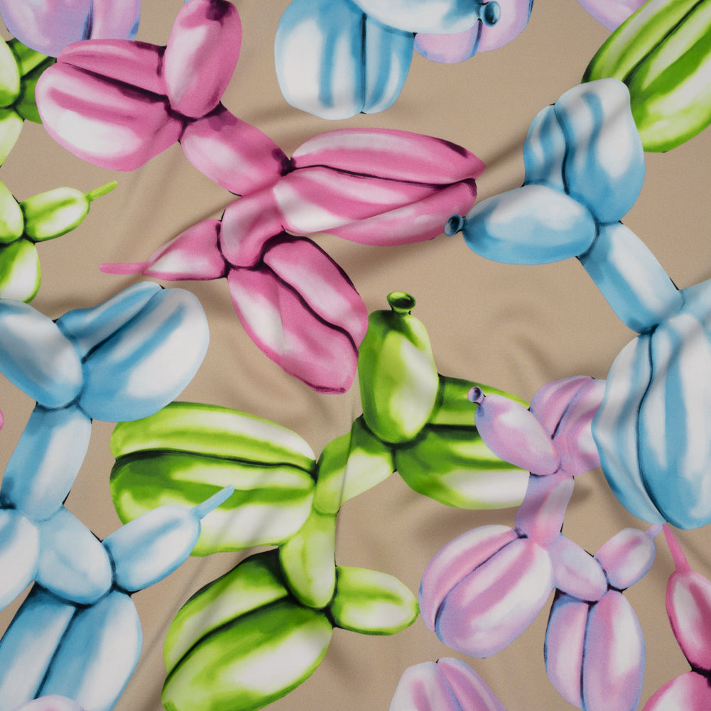 Polyester Satin - Pink, Blue and Beige Large Balloon Dogs - Mood Exclusive Puff Pups Print Polyester Satin - Pink, Blue and Beige Large Balloon Dogs - Mood Exclusive Puff Pups Print