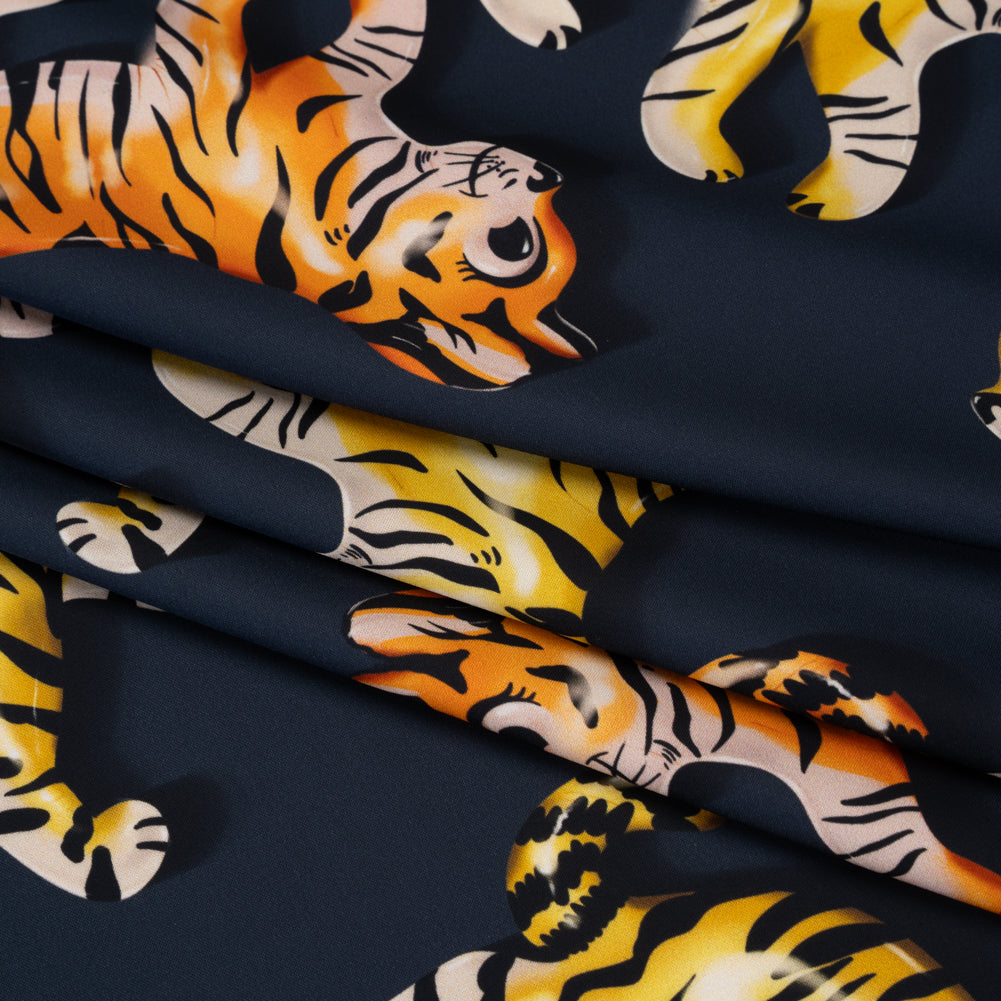Polyester Satin - Navy, Yellow and Orange Balloon Tigers - Mood Exclusive Pop Jungle Print - Folded Polyester Satin - Navy, Yellow and Orange Balloon Tigers - Mood Exclusive Pop Jungle Print - Folded