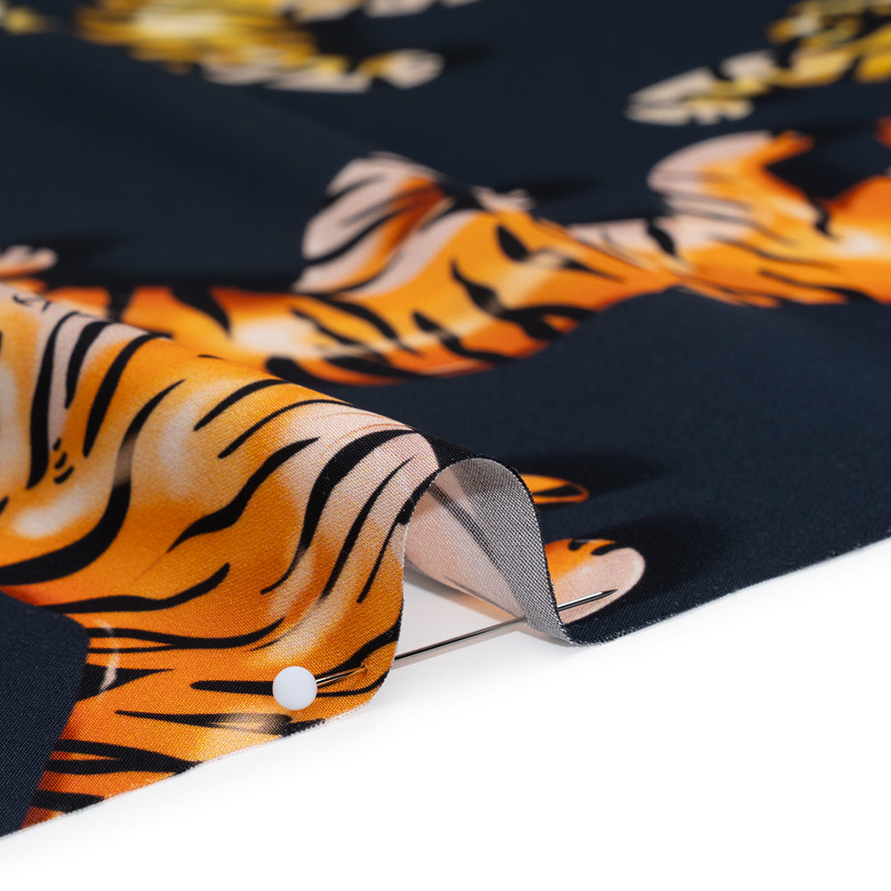 Polyester Satin - Navy, Yellow and Orange Balloon Tigers - Mood Exclusive Pop Jungle Print - Detail Polyester Satin - Navy, Yellow and Orange Balloon Tigers - Mood Exclusive Pop Jungle Print - Detail