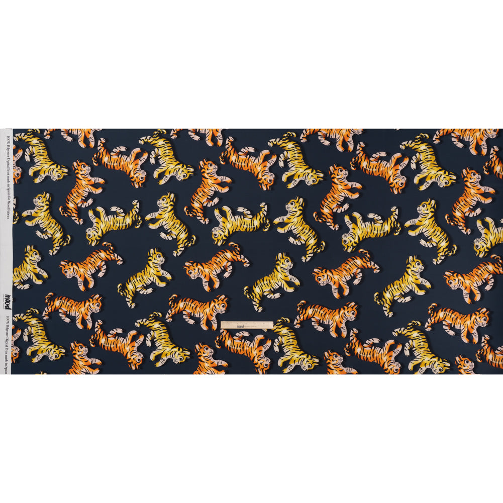 Polyester Satin - Navy, Yellow and Orange Balloon Tigers - Mood Exclusive Pop Jungle Print - Full Polyester Satin - Navy, Yellow and Orange Balloon Tigers - Mood Exclusive Pop Jungle Print - Full