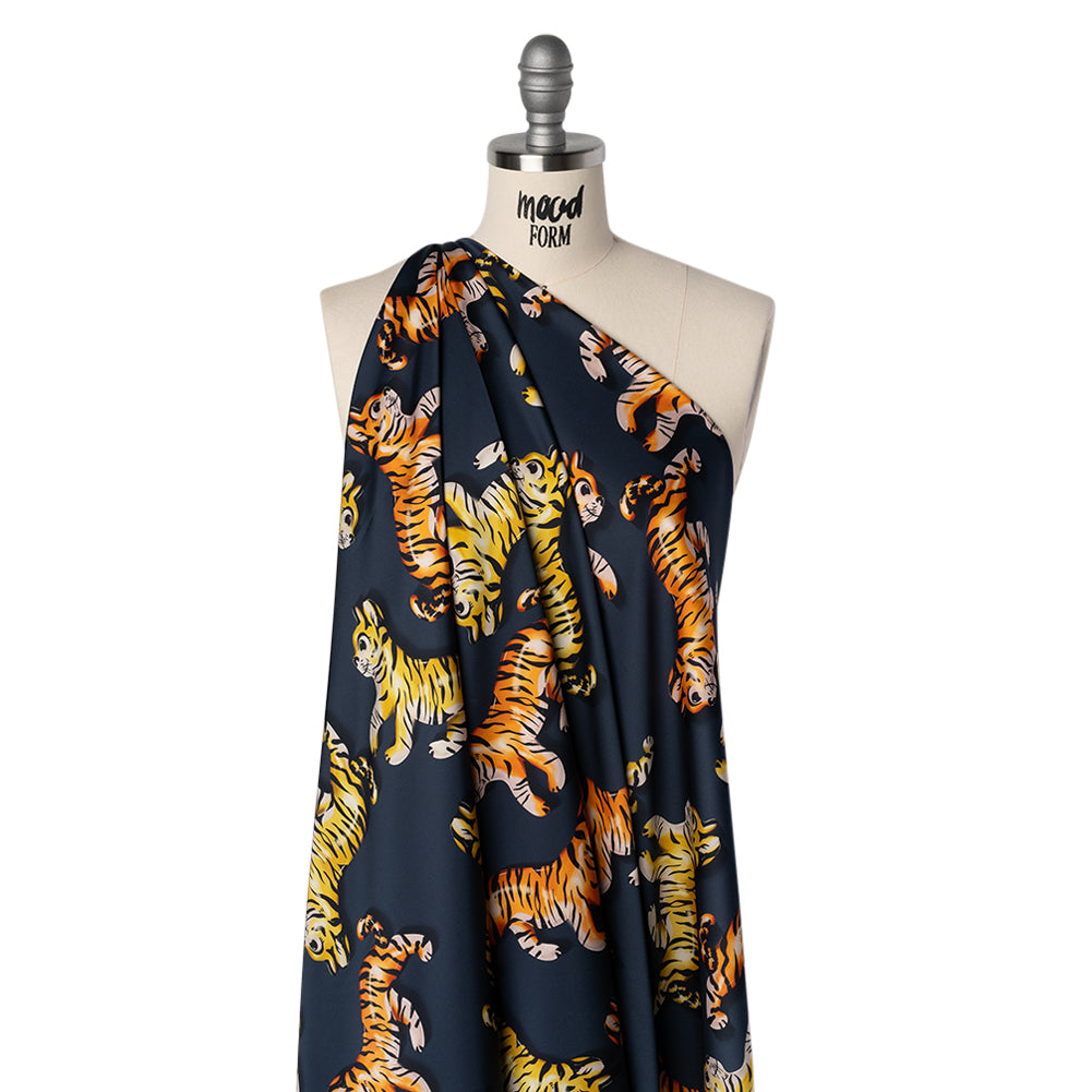 Polyester Satin - Navy, Yellow and Orange Balloon Tigers - Mood Exclusive Pop Jungle Print - Drape Polyester Satin - Navy, Yellow and Orange Balloon Tigers - Mood Exclusive Pop Jungle Print - Drape