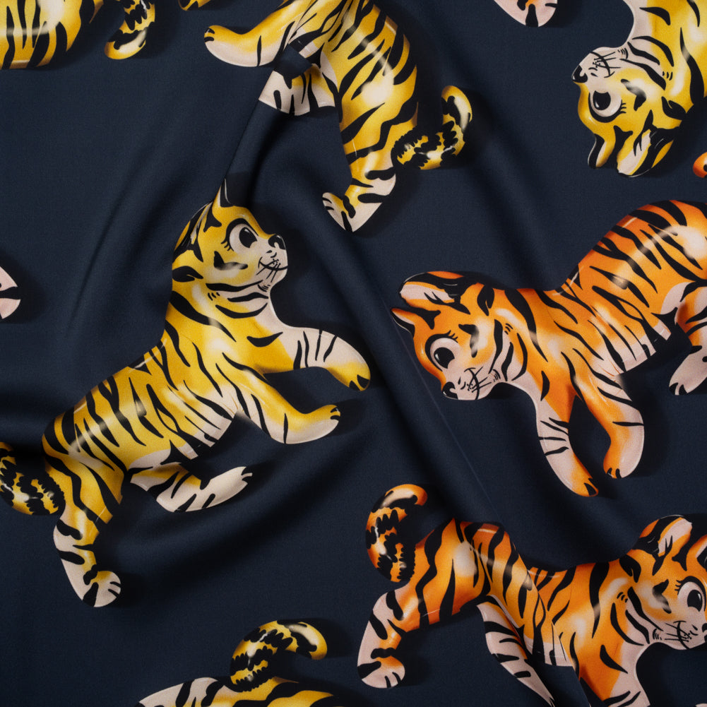 Polyester Satin - Navy, Yellow and Orange Balloon Tigers - Mood Exclusive Pop Jungle Print Polyester Satin - Navy, Yellow and Orange Balloon Tigers - Mood Exclusive Pop Jungle Print