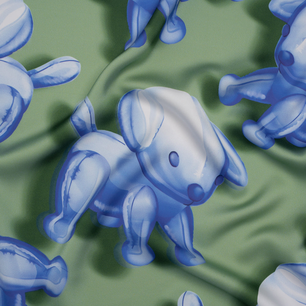 Polyester Satin - Blue and Green Inflatable Dogs - Mood Exclusive Pup Pop Print Polyester Satin - Blue and Green Inflatable Dogs - Mood Exclusive Pup Pop Print