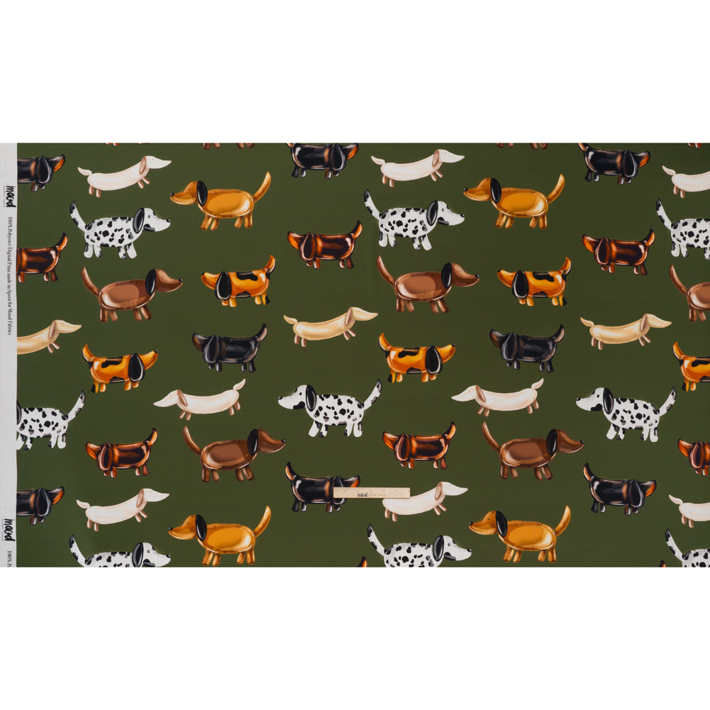 Polyester Satin - Brown, White and Olive Green Puppy Balloons - Mood Exclusive Dachshund Drift Print Full Polyester Satin - Brown, White and Olive Green Puppy Balloons - Mood Exclusive Dachshund Drift Print Full