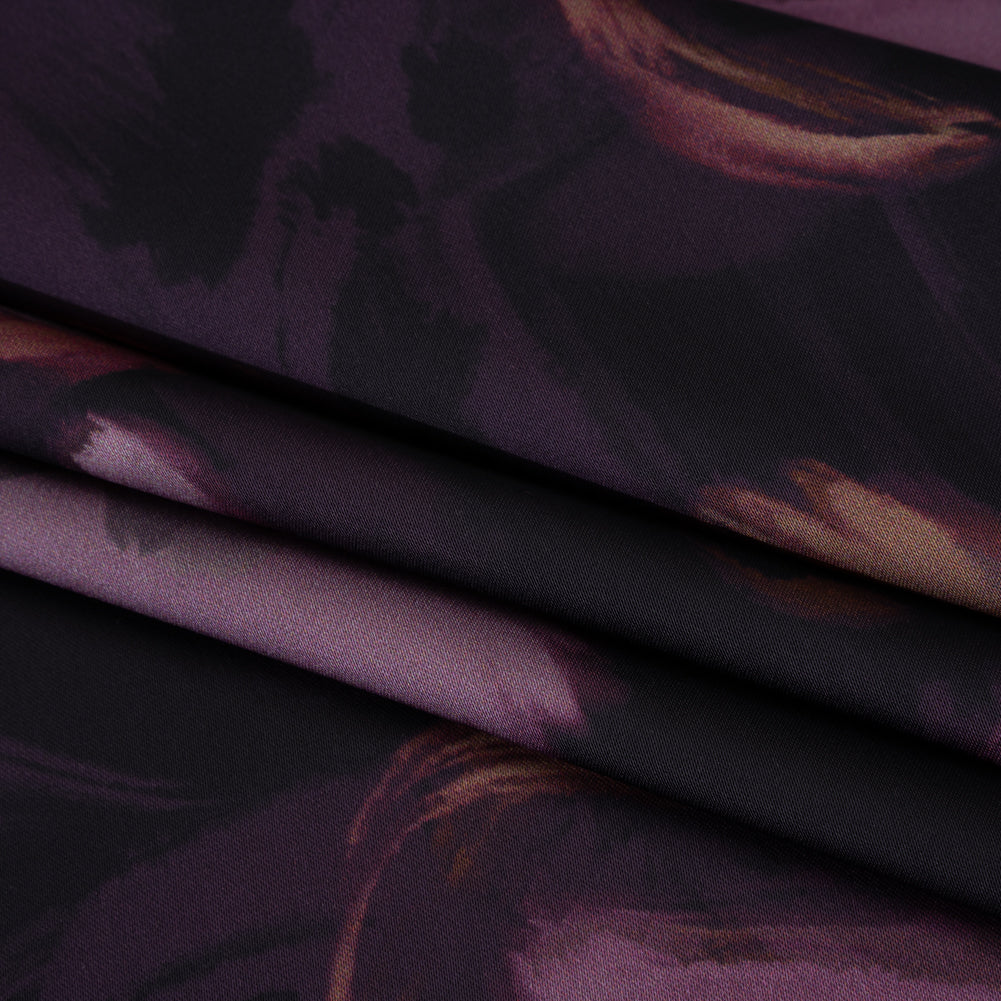 Polyester Satin - Aubergine, Lilac and Taupe Painted Flowers - Mood Exclusive Petal Veil Print Folded Polyester Satin - Aubergine, Lilac and Taupe Painted Flowers - Mood Exclusive Petal Veil Print Folded