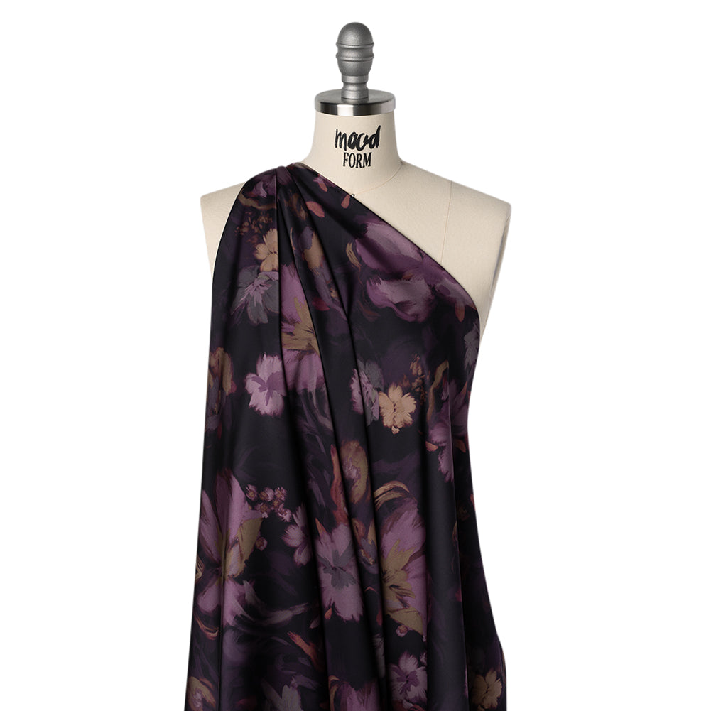 Polyester Satin - Aubergine, Lilac and Taupe Painted Flowers - Mood Exclusive Petal Veil Print Drape Polyester Satin - Aubergine, Lilac and Taupe Painted Flowers - Mood Exclusive Petal Veil Print Drape