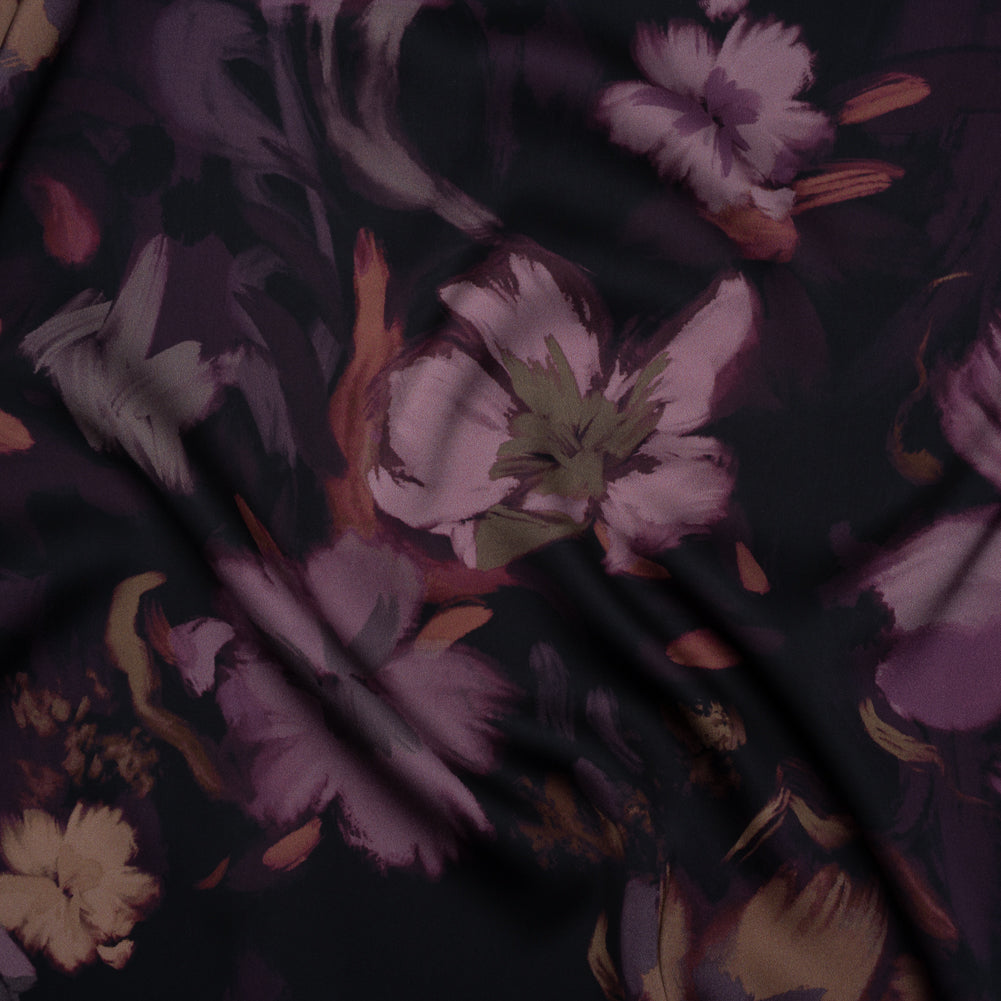 Polyester Satin - Aubergine, Lilac and Taupe Painted Flowers - Mood Exclusive Petal Veil Print Polyester Satin - Aubergine, Lilac and Taupe Painted Flowers - Mood Exclusive Petal Veil Print