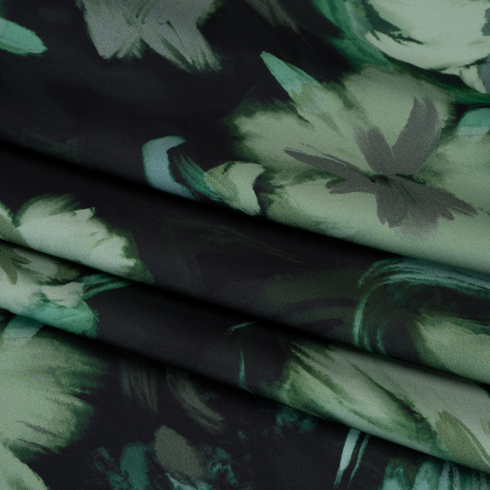 Polyester Satin - Forest, Sage and Sea Green Painted Flowers - Mood Exclusive Petal Veil Print Polyester Satin - Forest, Sage and Sea Green Painted Flowers - Mood Exclusive Petal Veil Print