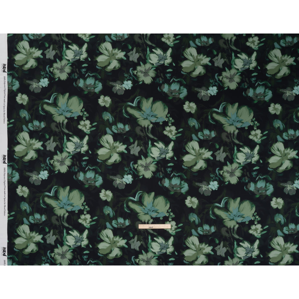 Polyester Satin - Forest, Sage and Sea Green Painted Flowers - Mood Exclusive Petal Veil Print Polyester Satin - Forest, Sage and Sea Green Painted Flowers - Mood Exclusive Petal Veil Print