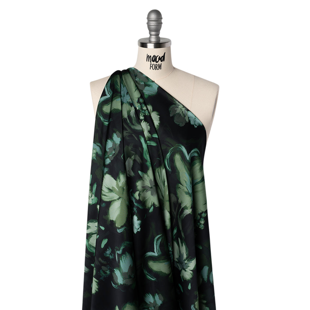 Polyester Satin - Forest, Sage and Sea Green Painted Flowers - Mood Exclusive Petal Veil Print Polyester Satin - Forest, Sage and Sea Green Painted Flowers - Mood Exclusive Petal Veil Print