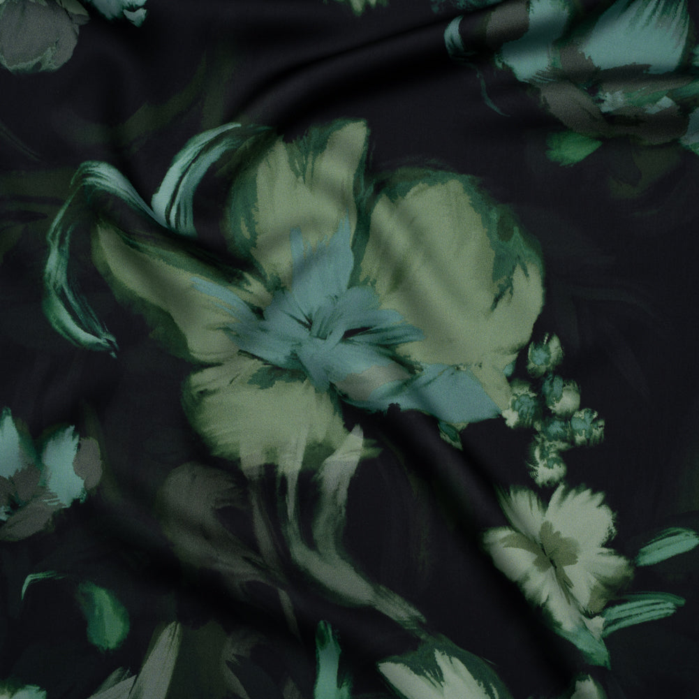 Polyester Satin - Forest, Sage and Sea Green Painted Flowers - Mood Exclusive Petal Veil Print Polyester Satin - Forest, Sage and Sea Green Painted Flowers - Mood Exclusive Petal Veil Print