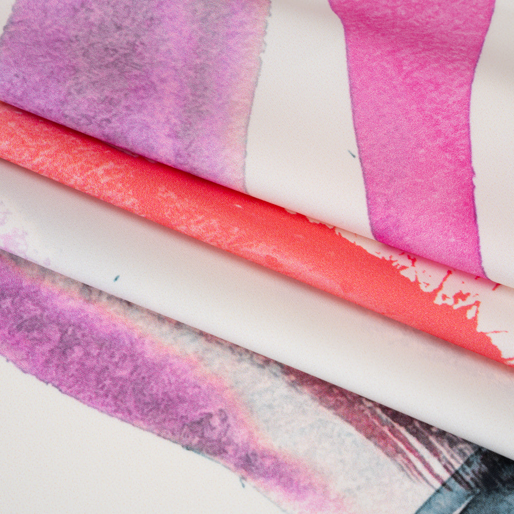 Polyester Satin - Fuchsia, Coral Pink and Muted Blue Abstract Watercolor Ribbons - Mood Exclusive Fluid Strokes Print Folded Polyester Satin - Fuchsia, Coral Pink and Muted Blue Abstract Watercolor Ribbons - Mood Exclusive Fluid Strokes Print Folded