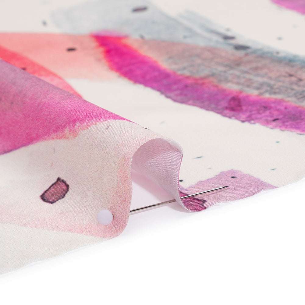 Polyester Satin - Fuchsia, Coral Pink and Muted Blue Abstract Watercolor Ribbons - Mood Exclusive Fluid Strokes Print Detail Polyester Satin - Fuchsia, Coral Pink and Muted Blue Abstract Watercolor Ribbons - Mood Exclusive Fluid Strokes Print Detail