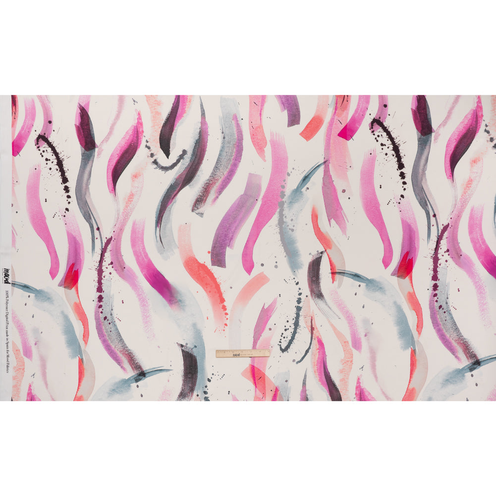 Polyester Satin - Fuchsia, Coral Pink and Muted Blue Abstract Watercolor Ribbons - Mood Exclusive Fluid Strokes Print Full Polyester Satin - Fuchsia, Coral Pink and Muted Blue Abstract Watercolor Ribbons - Mood Exclusive Fluid Strokes Print Full